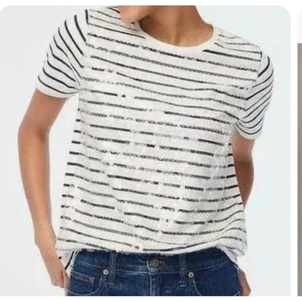 J. CREW NWT sequin Striped tee size S ivory with navy stripe, clear sequins